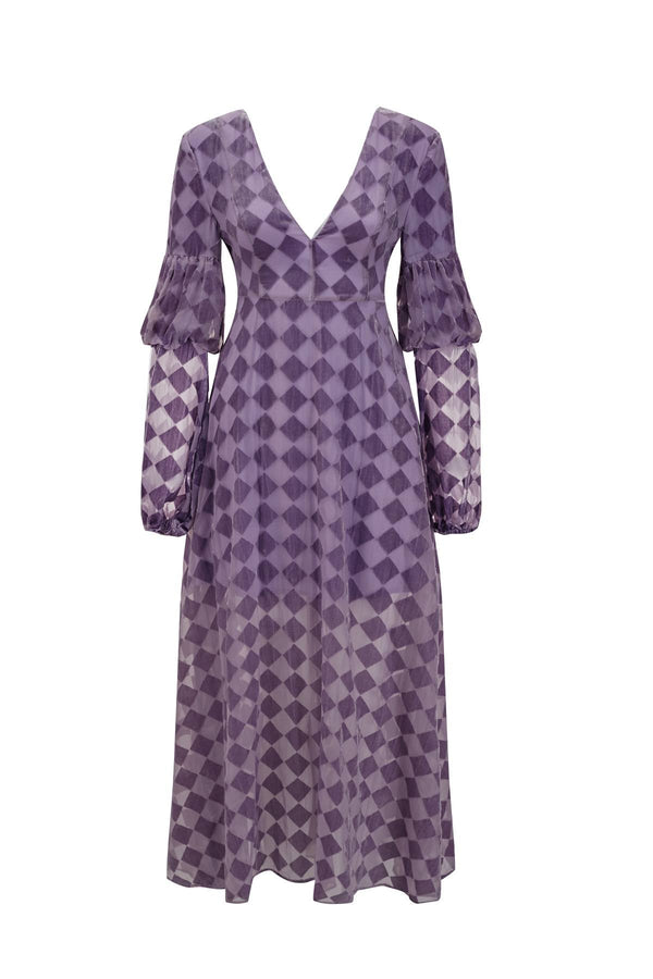 Esme BETH'S CHECKERBOARD Lilac Tied Bow Midi Dress