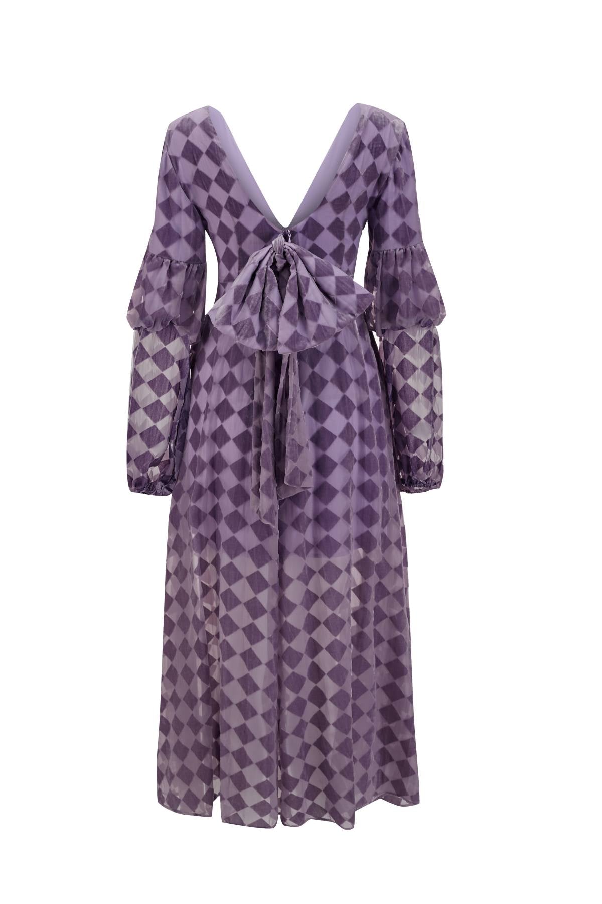 Esme BETH'S CHECKERBOARD Lilac Tied Bow Midi Dress