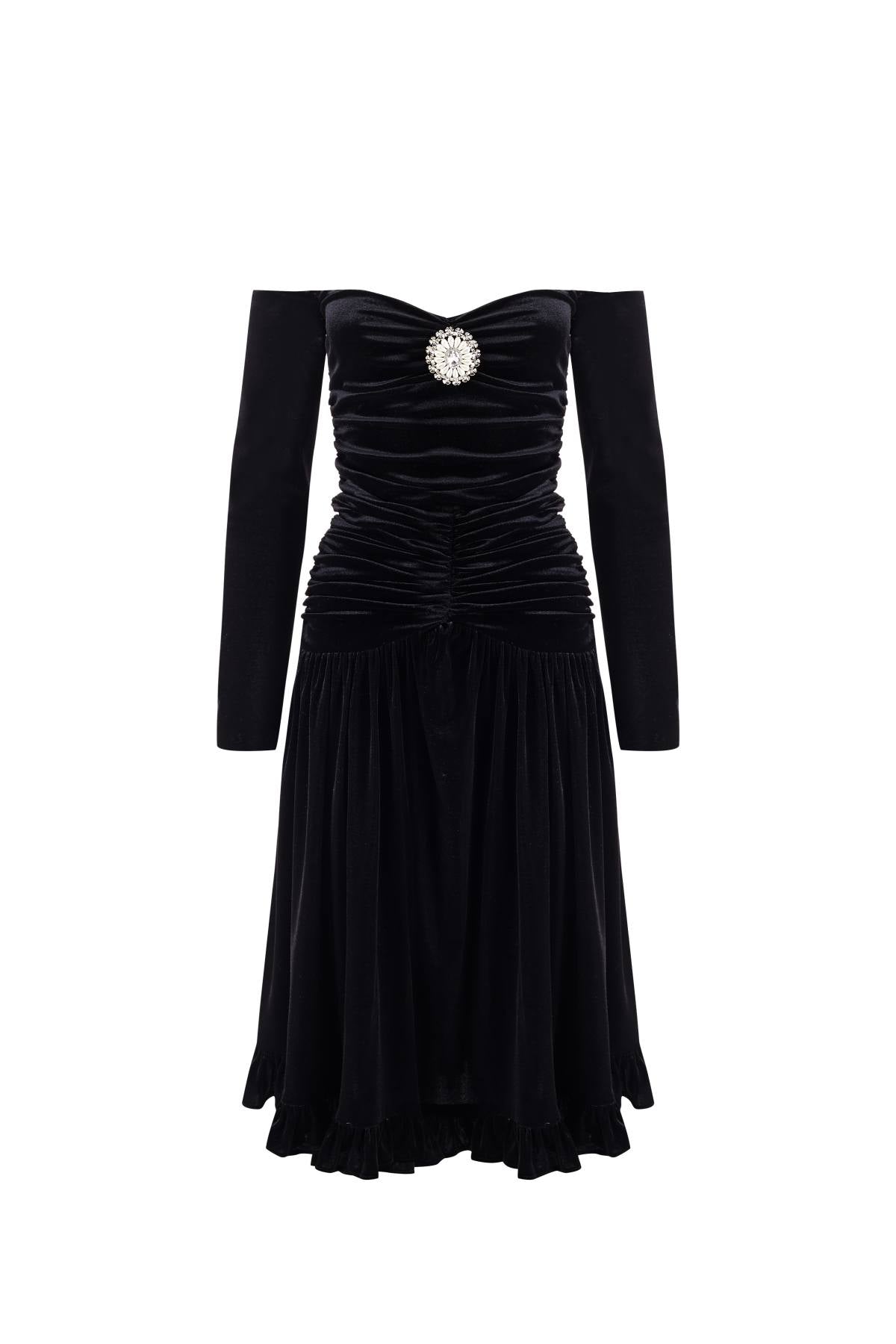 Esme BLACK SWAN Off-shoulder Velvet Ruched Dress