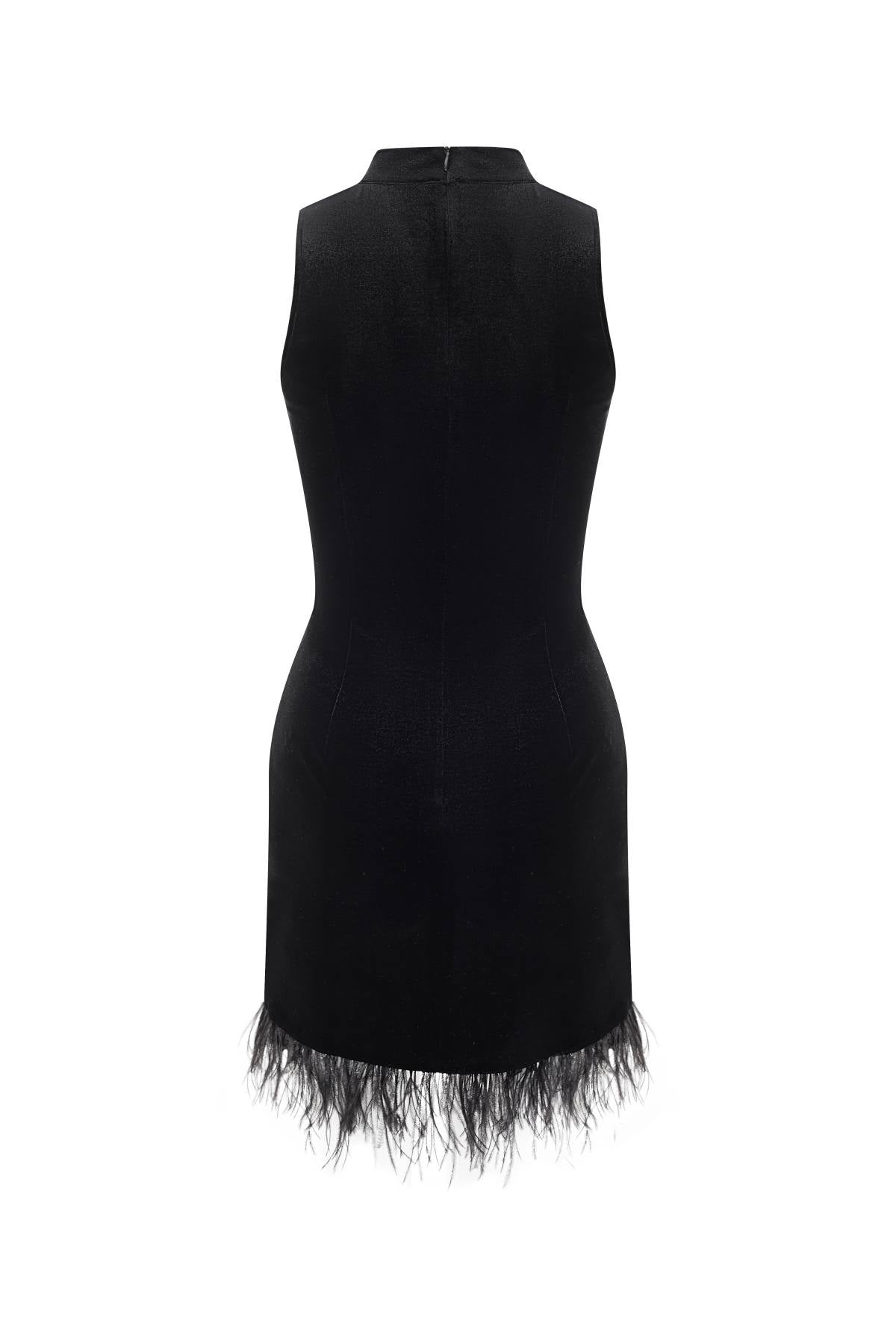 Esme ORIENTAL PEARL Sleeveless Black Mini Dress With Feather