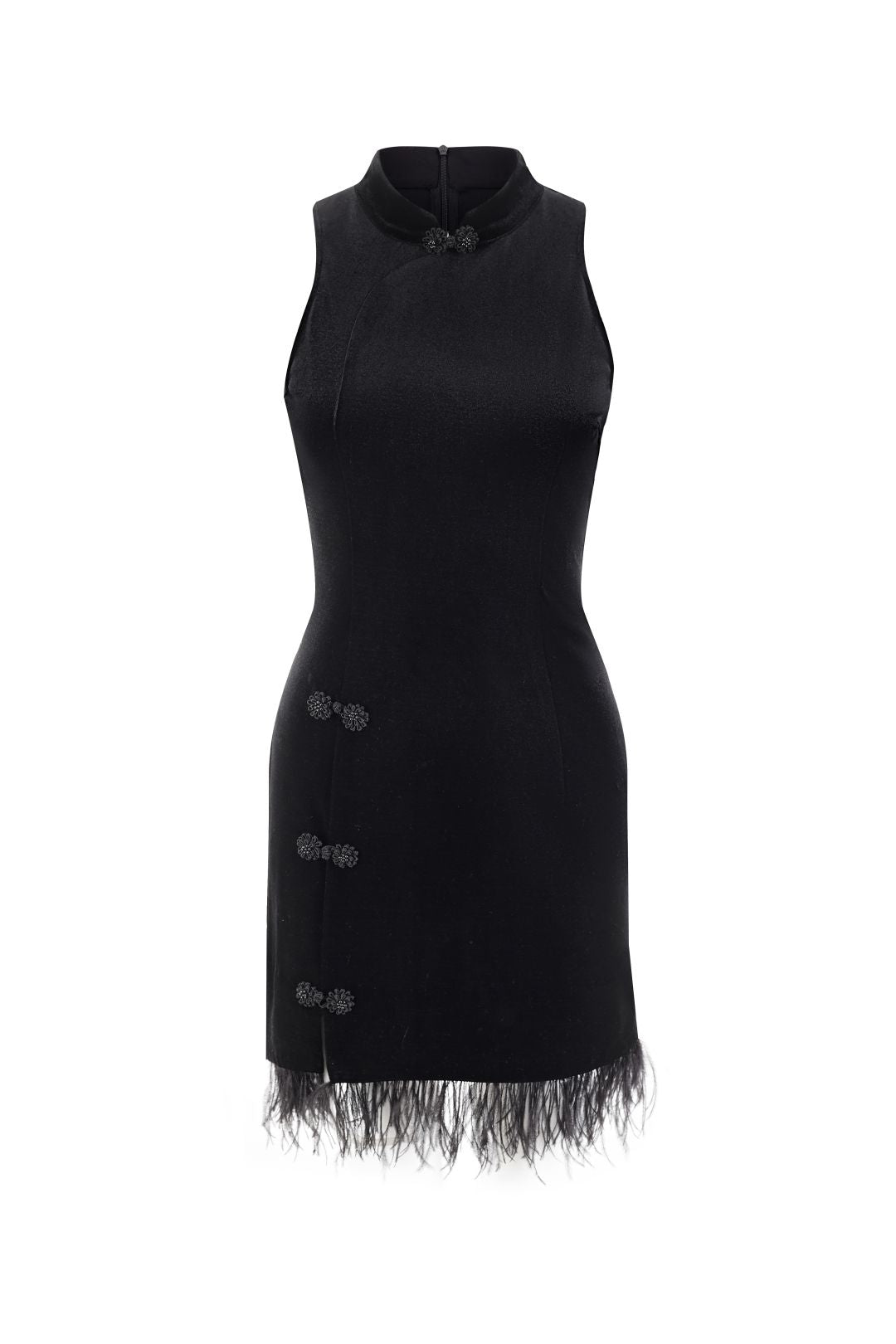 Esme ORIENTAL PEARL Sleeveless Black Mini Dress With Feather