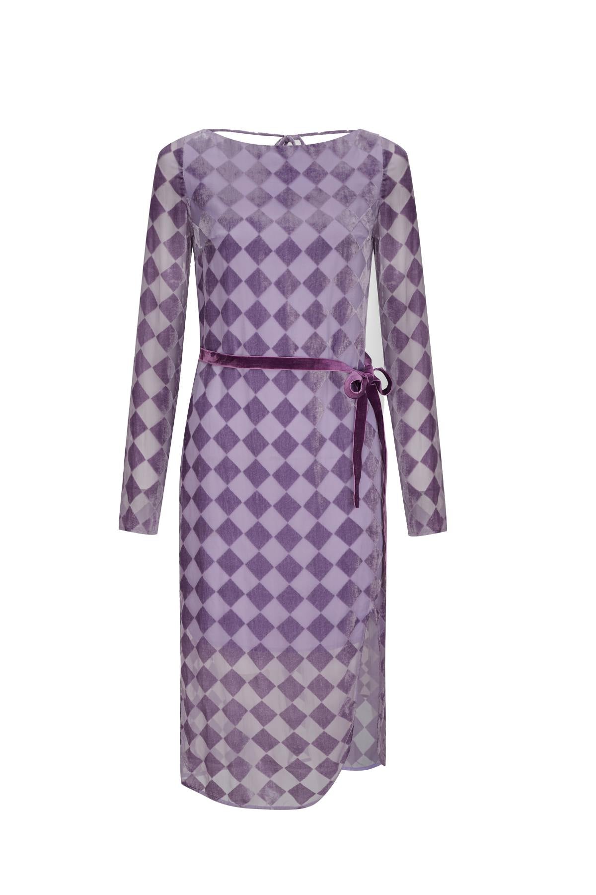 Esme Lilac Plaid Long Sleeves Knee Dress