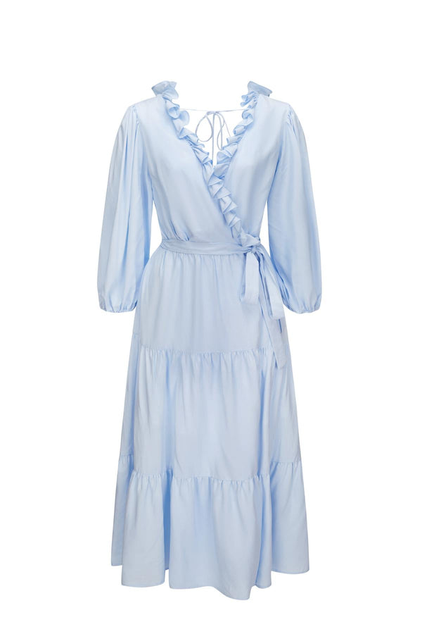 Esme DAISY LAND Baby Blue Long Sleeves Wrap Midi Dress