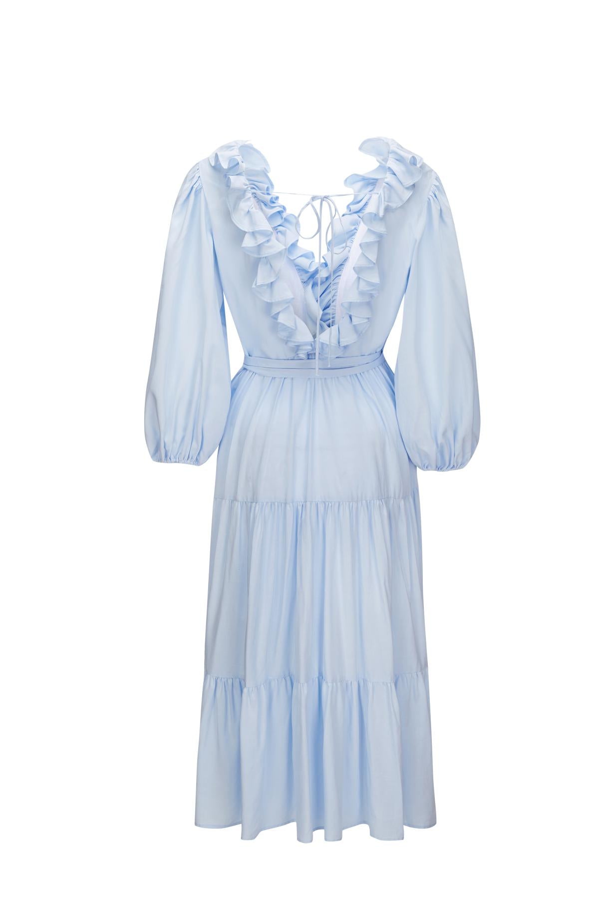 Esme DAISY LAND Baby Blue Long Sleeves Wrap Midi Dress