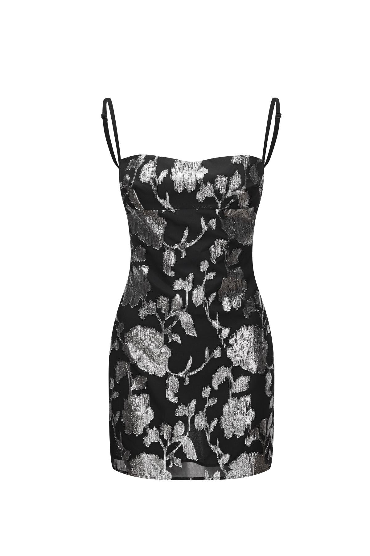 Esme GATSBY Silver Floral Backless Slip Dress In Black