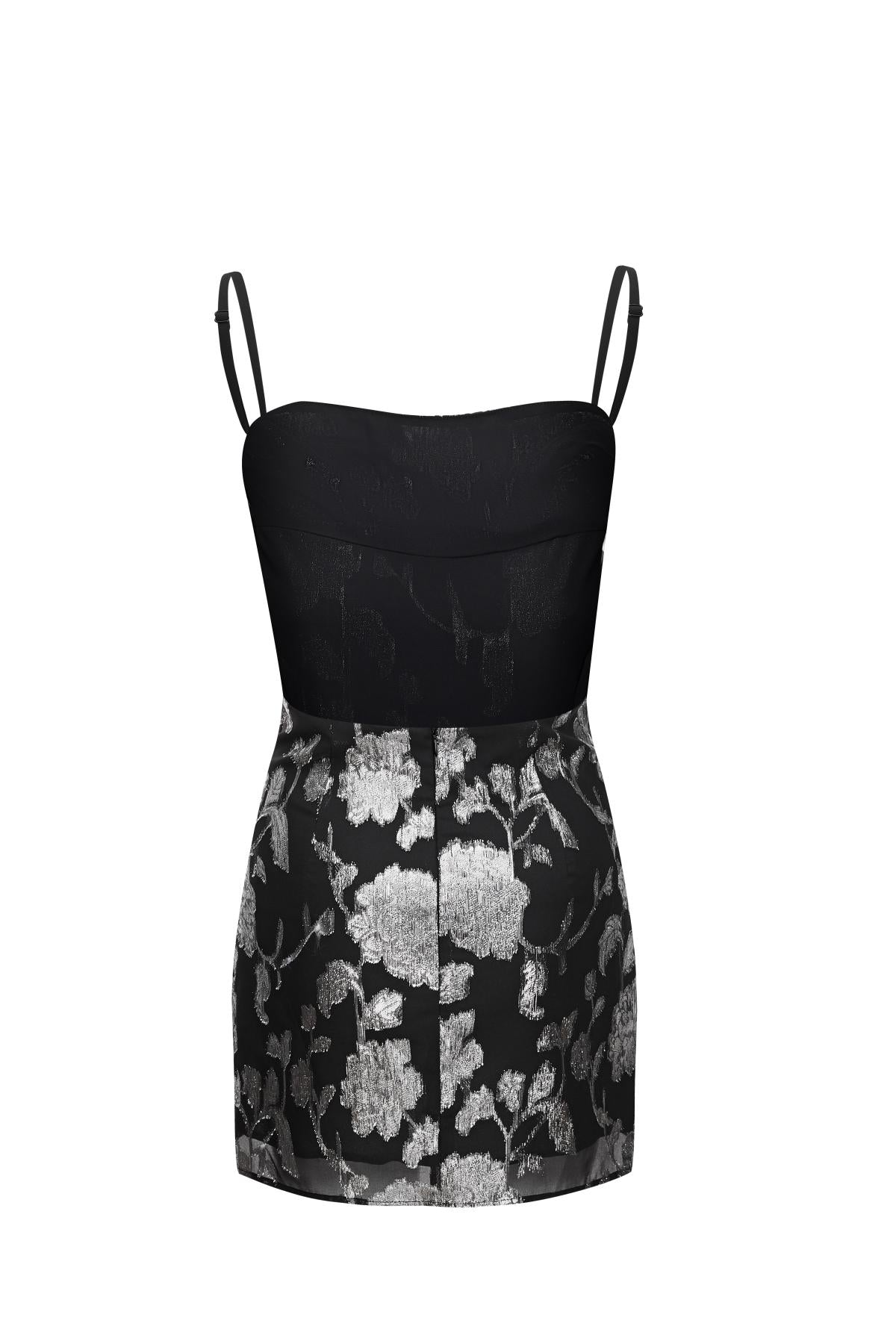 Esme GATSBY Silver Floral Backless Slip Dress In Black