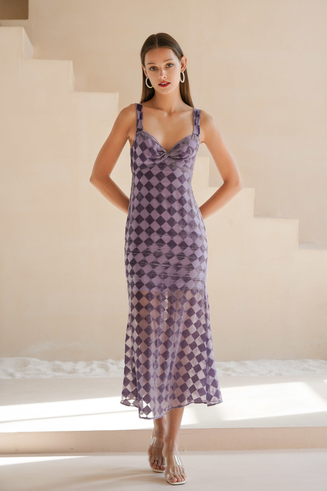 Esme BETH'S CHECKERBOARD Lilac Slip Midi Dress