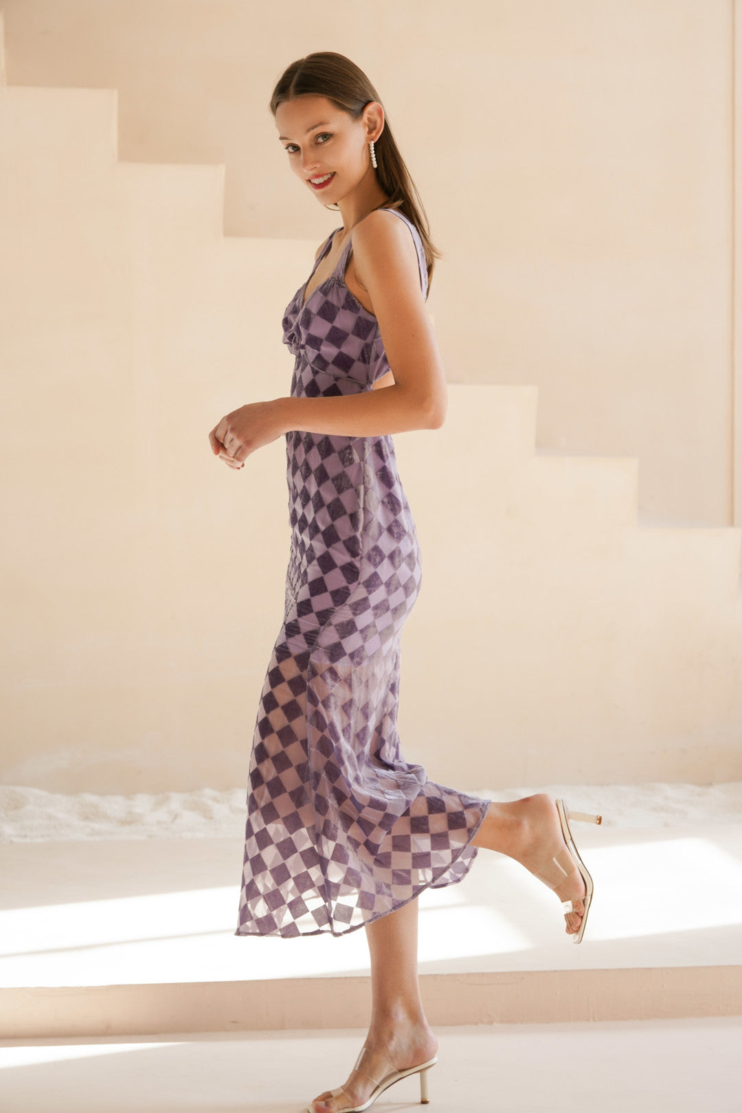 Esme BETH'S CHECKERBOARD Lilac Slip Midi Dress