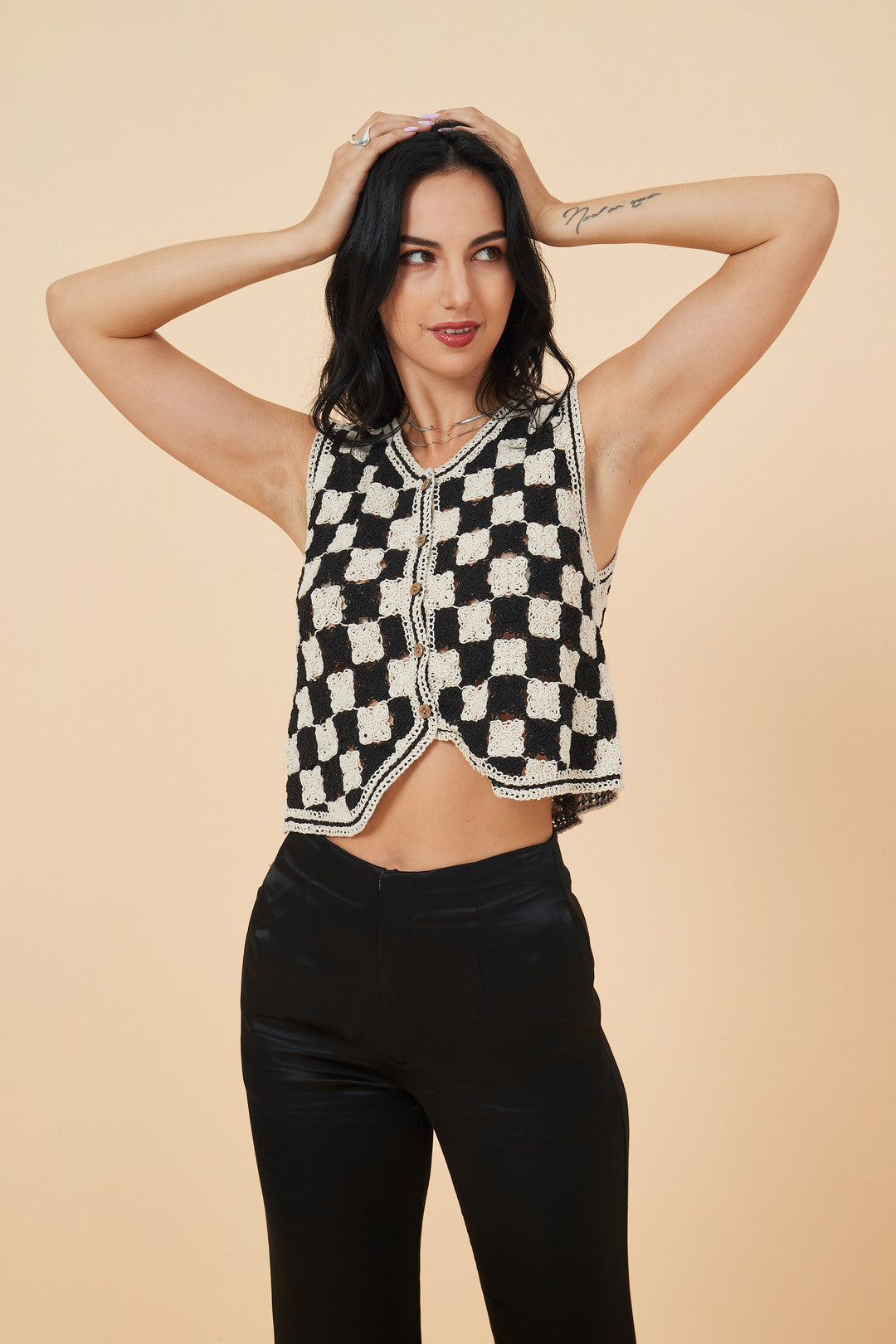 Esme WEEKEND MARKET Checkerboard Knit Crochet Top