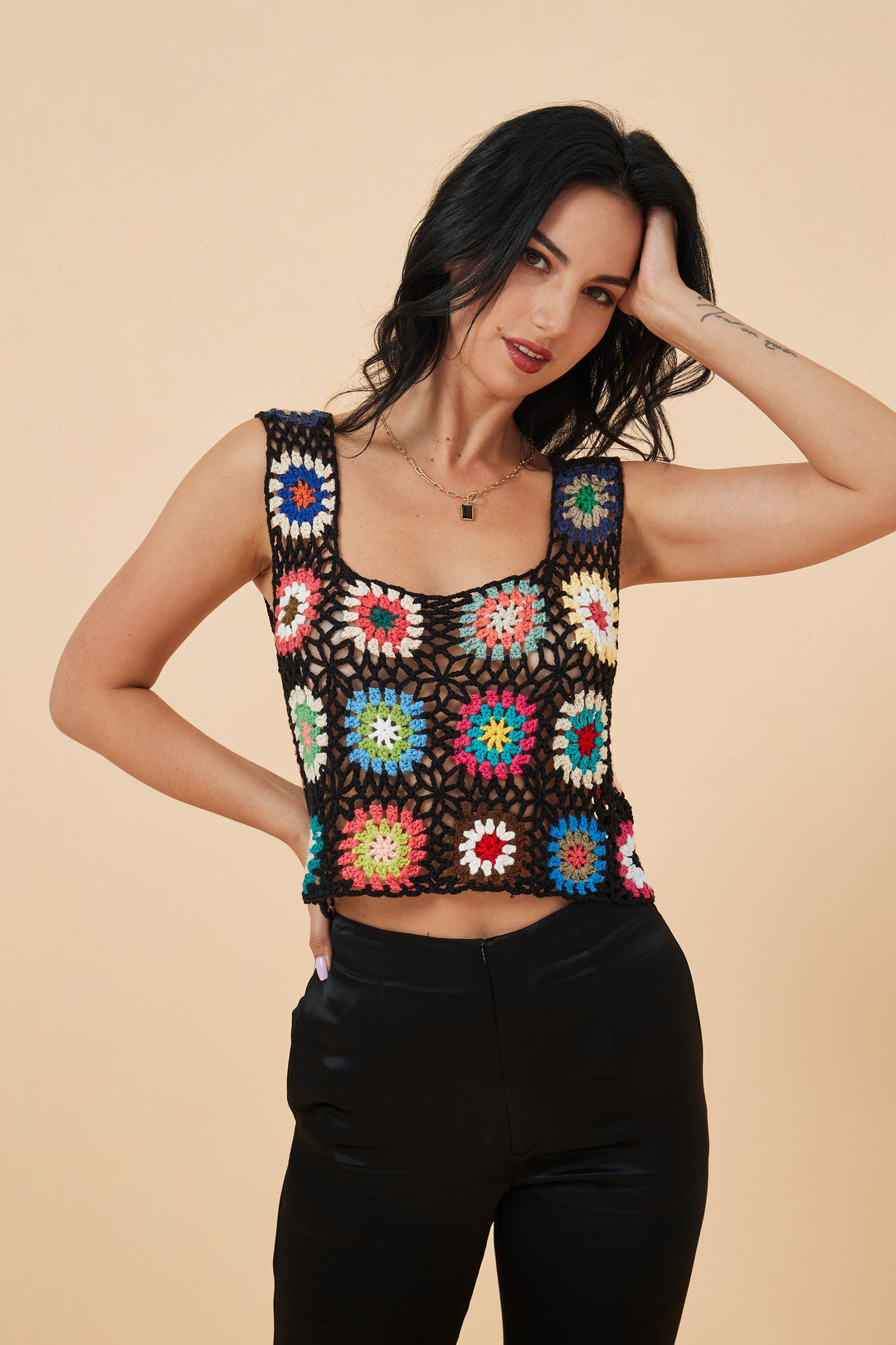 Esme WEEKEND MARKET Floral Plaid Knit Crochet Top