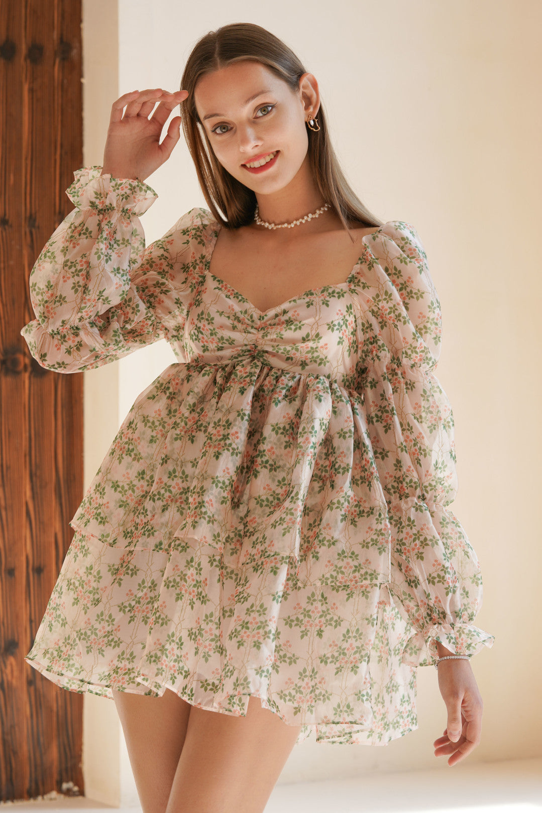 Esme DAISYLAND Long Sleeve Floral Mini Organza Dress