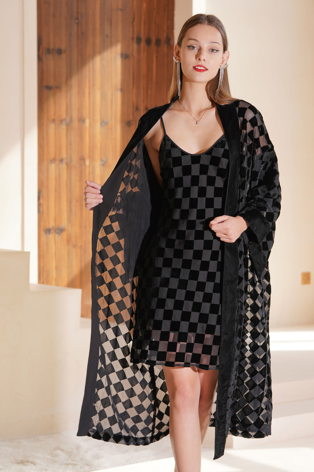 Esme BETH'S CHECKERBOARD Long Sleeves Robe