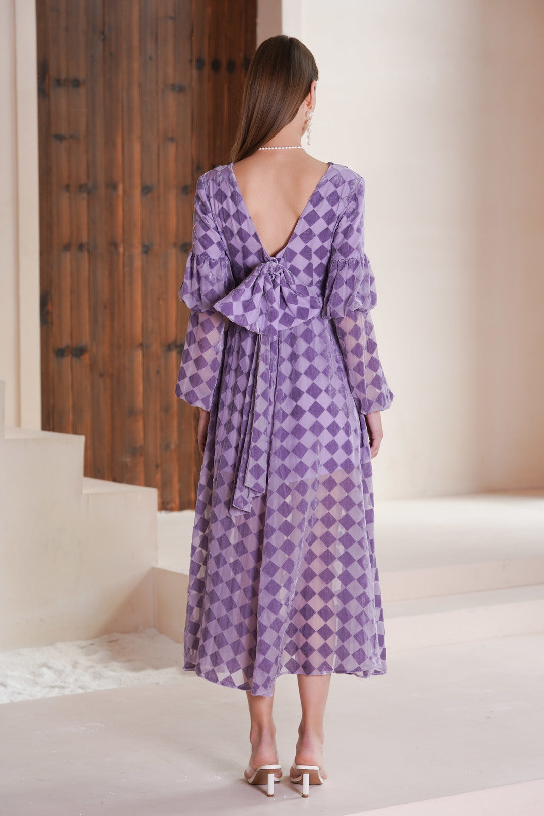 Esme BETH'S CHECKERBOARD Lilac Tied Bow Midi Dress