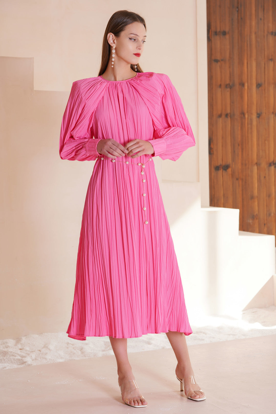 Esme PARIS Long Sleeves Midi Fuschia Dress (No Belt)