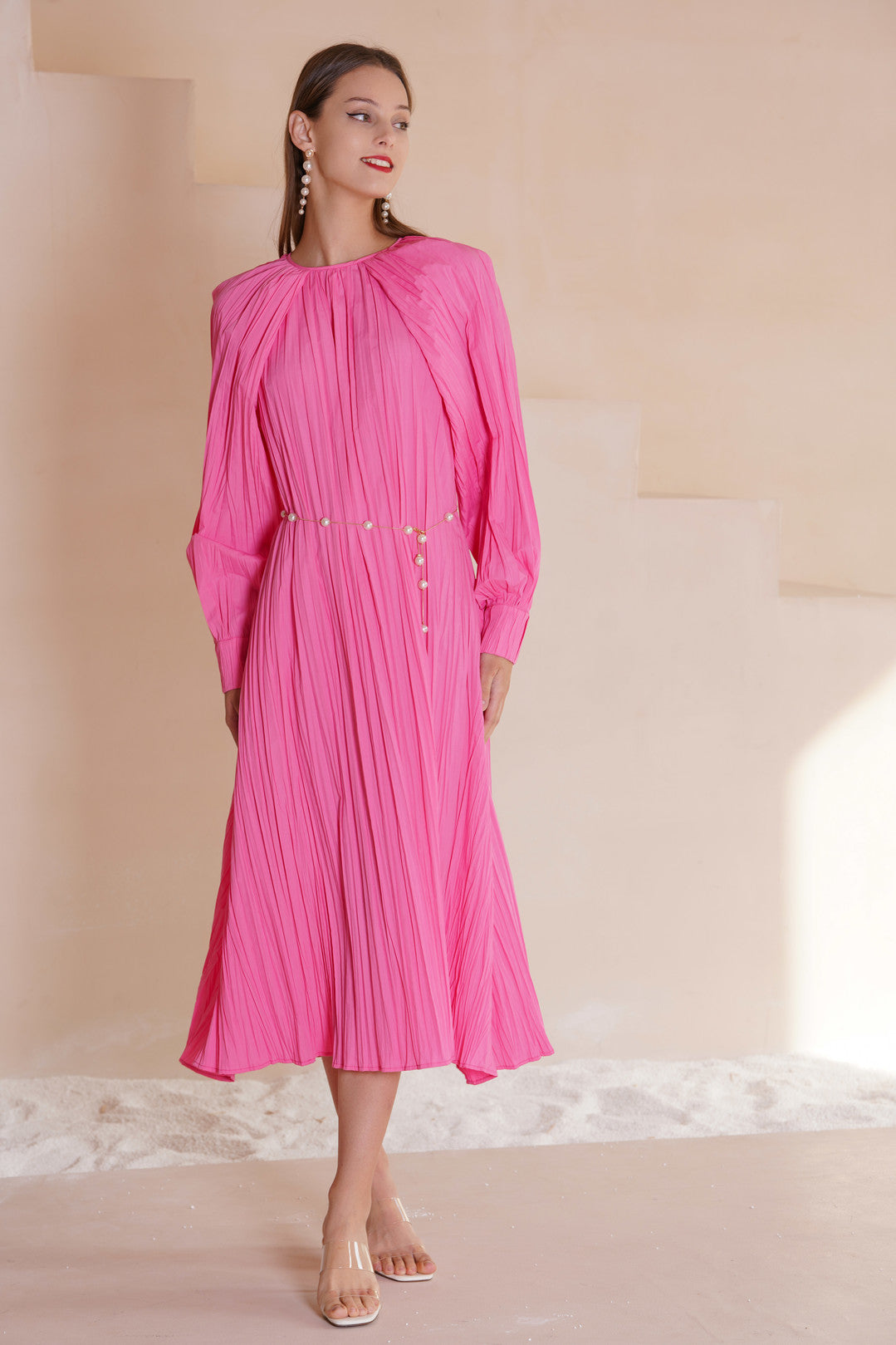 Esme PARIS Long Sleeves Midi Fuschia Dress (No Belt)