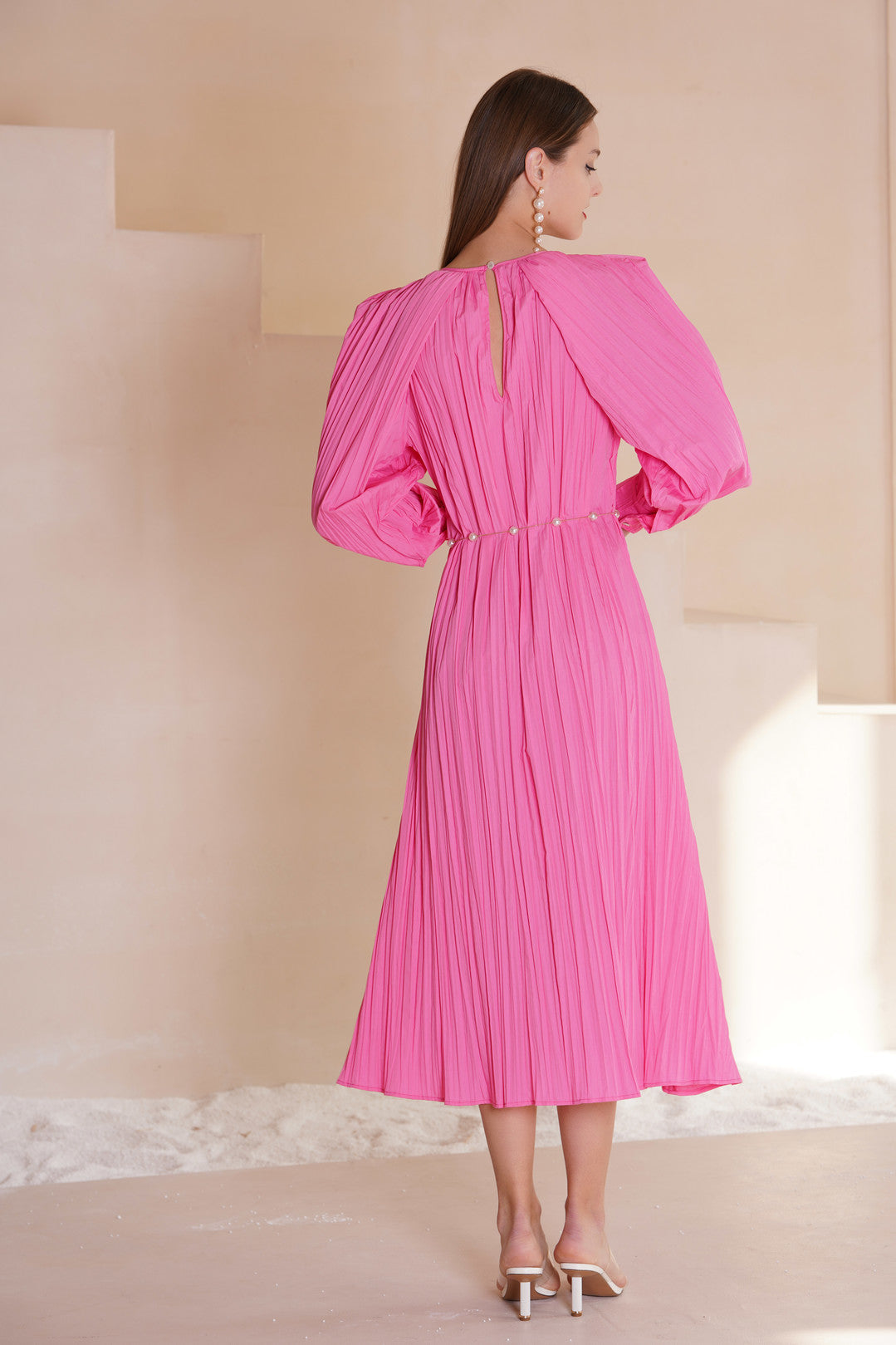 Esme PARIS Long Sleeves Midi Fuschia Dress (No Belt)