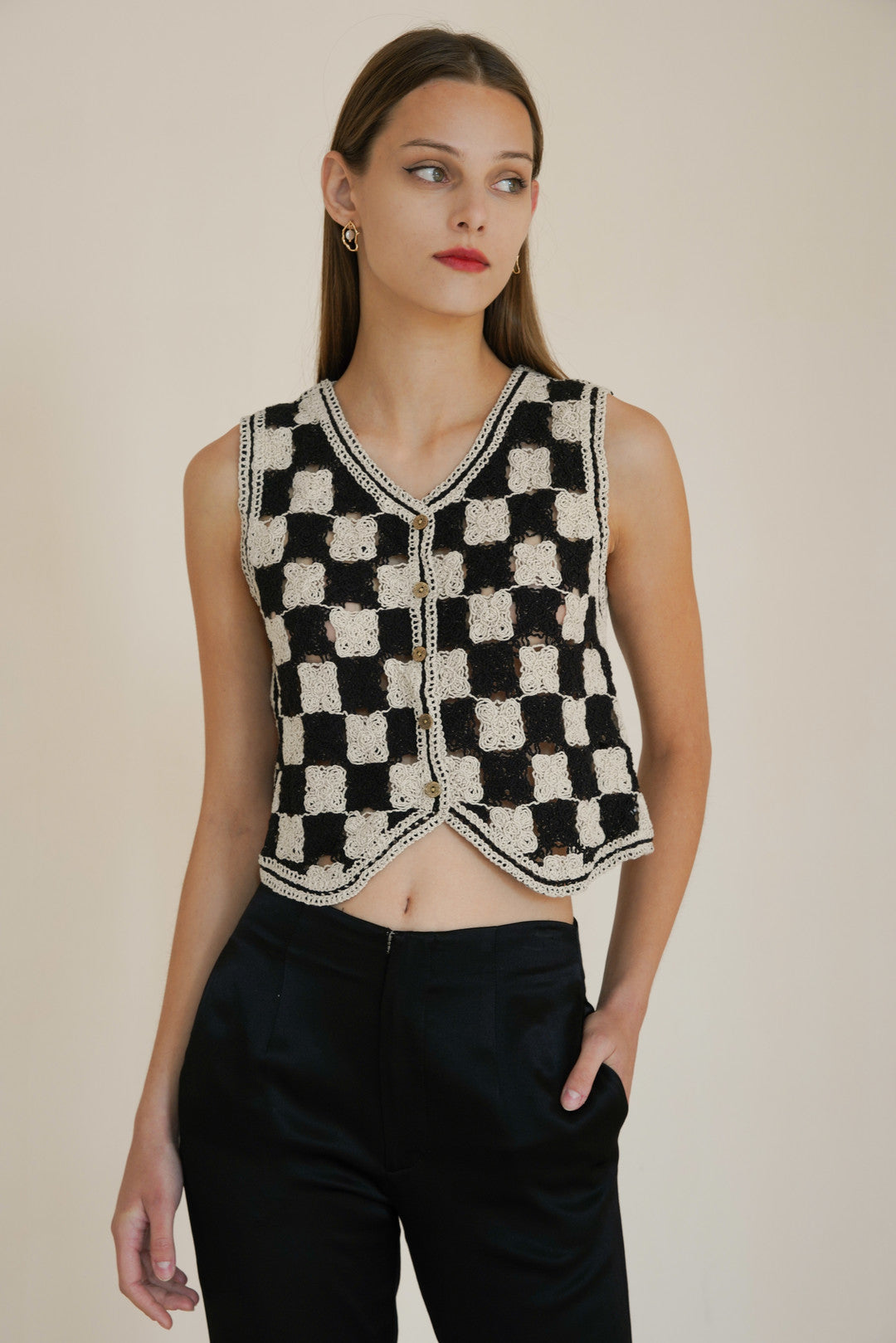 Esme WEEKEND MARKET Checkerboard Knit Crochet Top