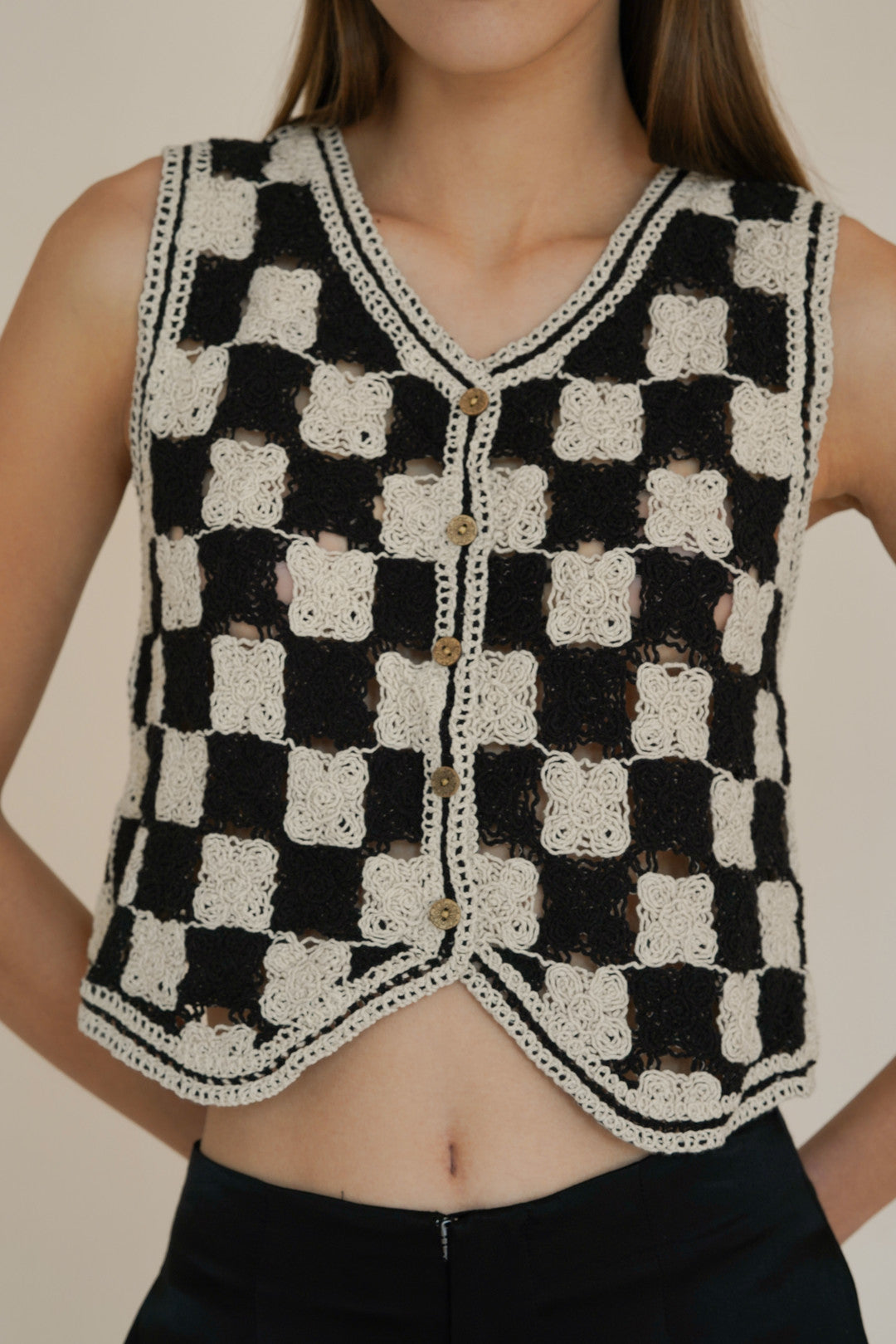 Esme WEEKEND MARKET Checkerboard Knit Crochet Top