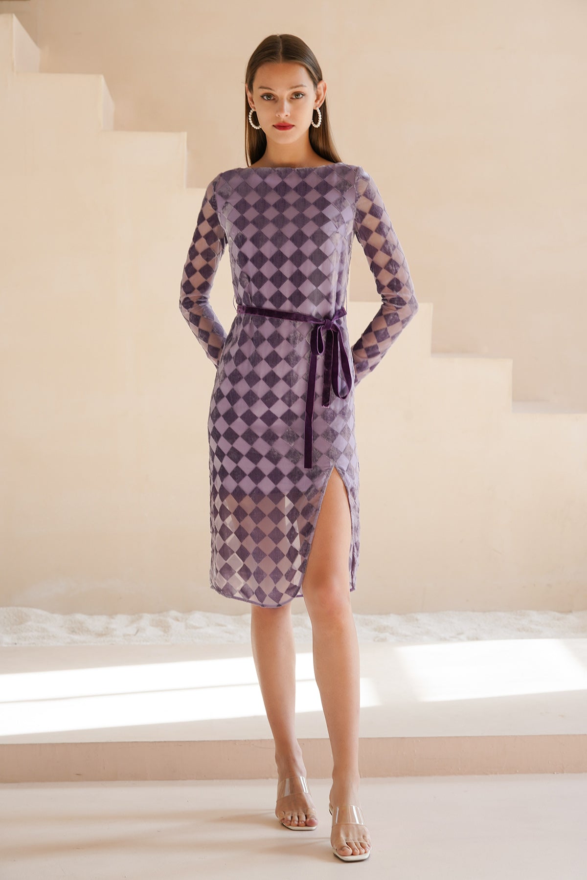 Esme Lilac Plaid Long Sleeves Knee Dress