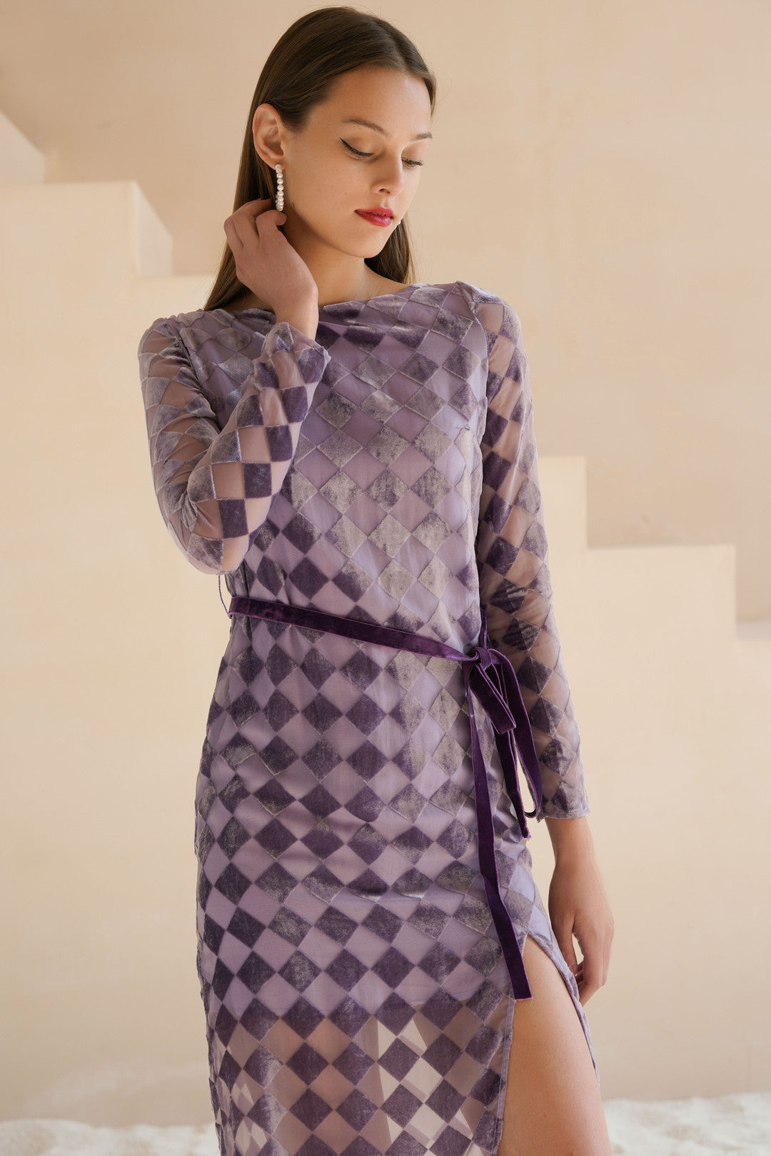 Esme Lilac Plaid Long Sleeves Knee Dress