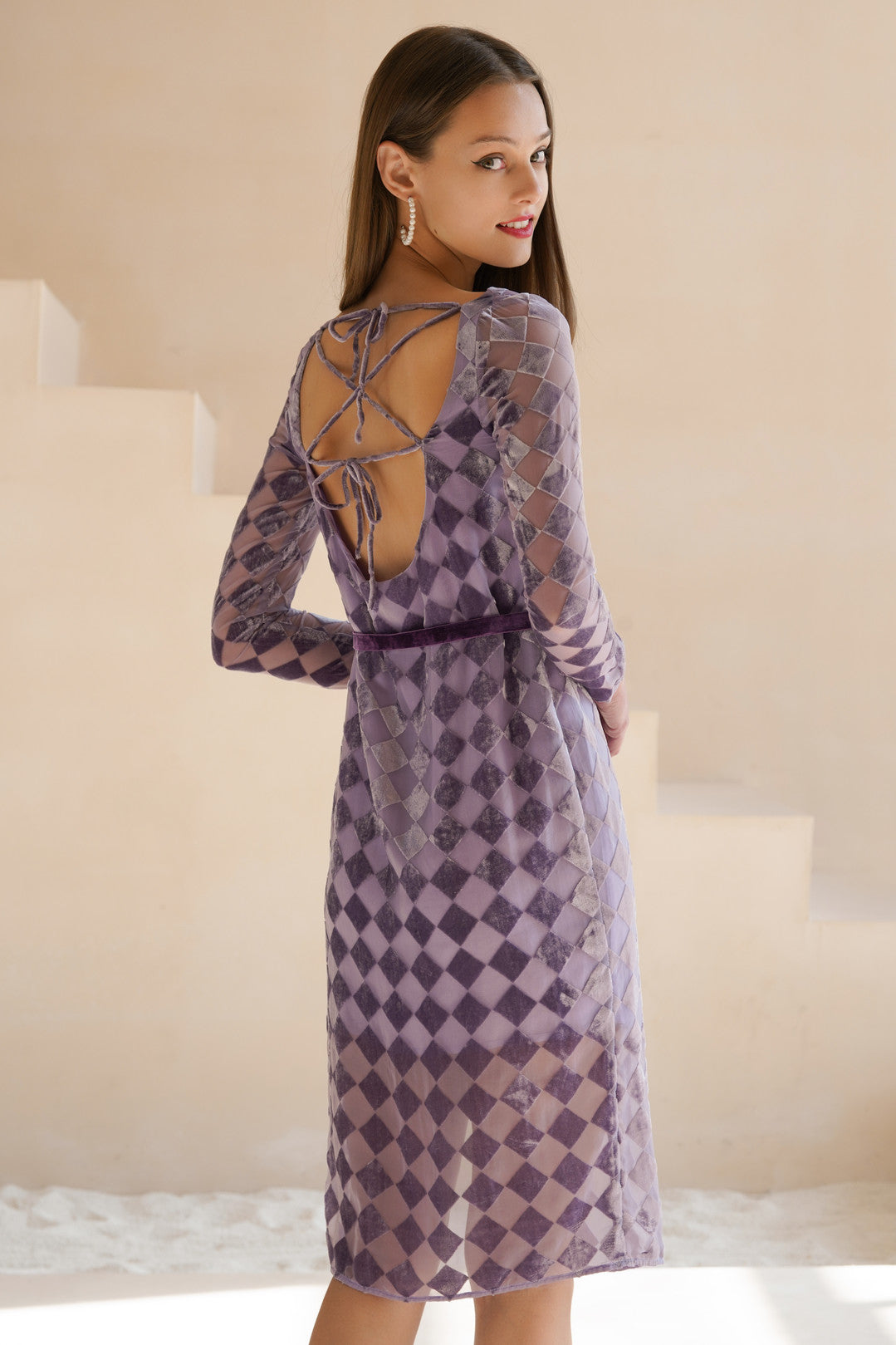 Esme Lilac Plaid Long Sleeves Knee Dress