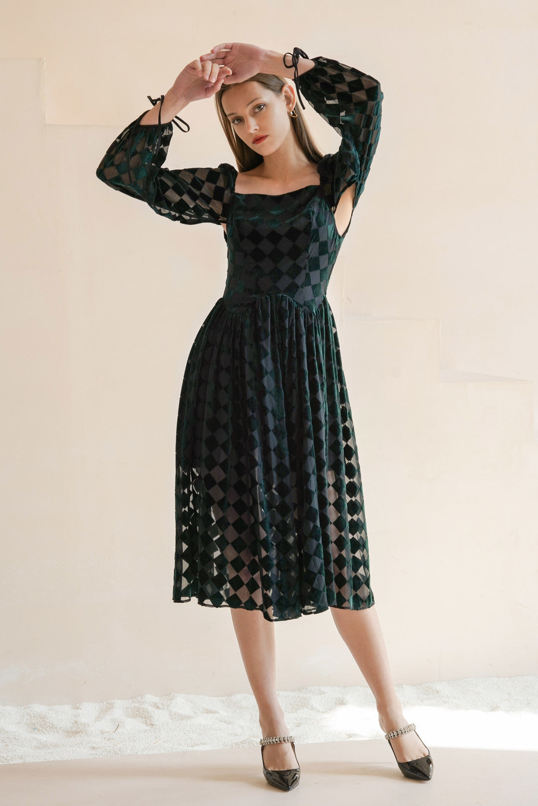 Esme BETH'S CHECKERBOARD Emerald Midi Dress