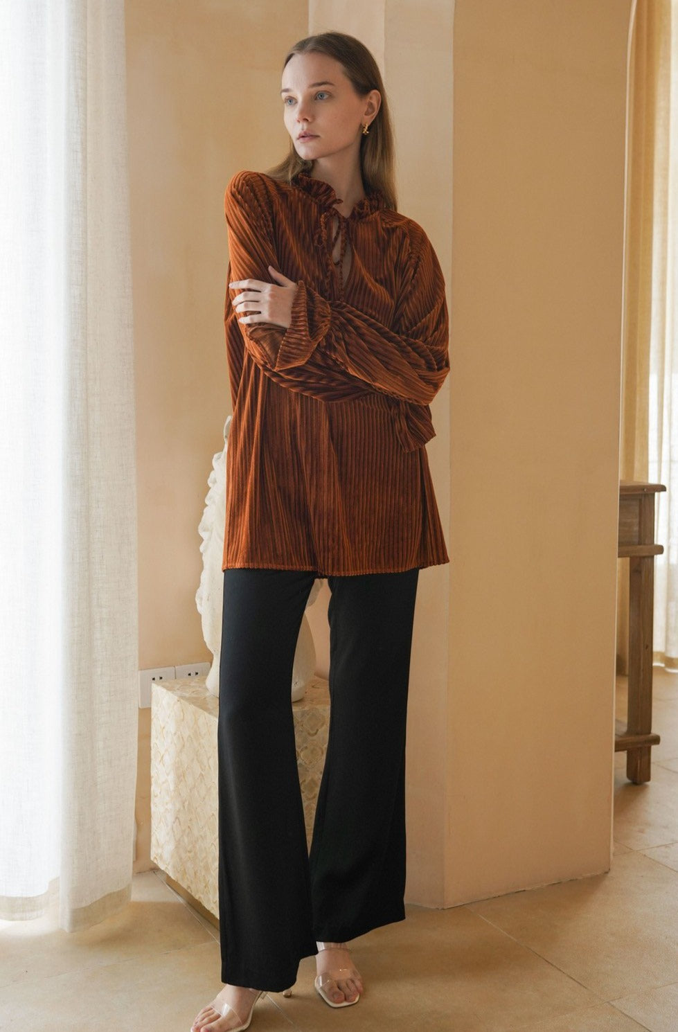 Esme MARIA Marmalade Velvet Tied Long-sleeve Top