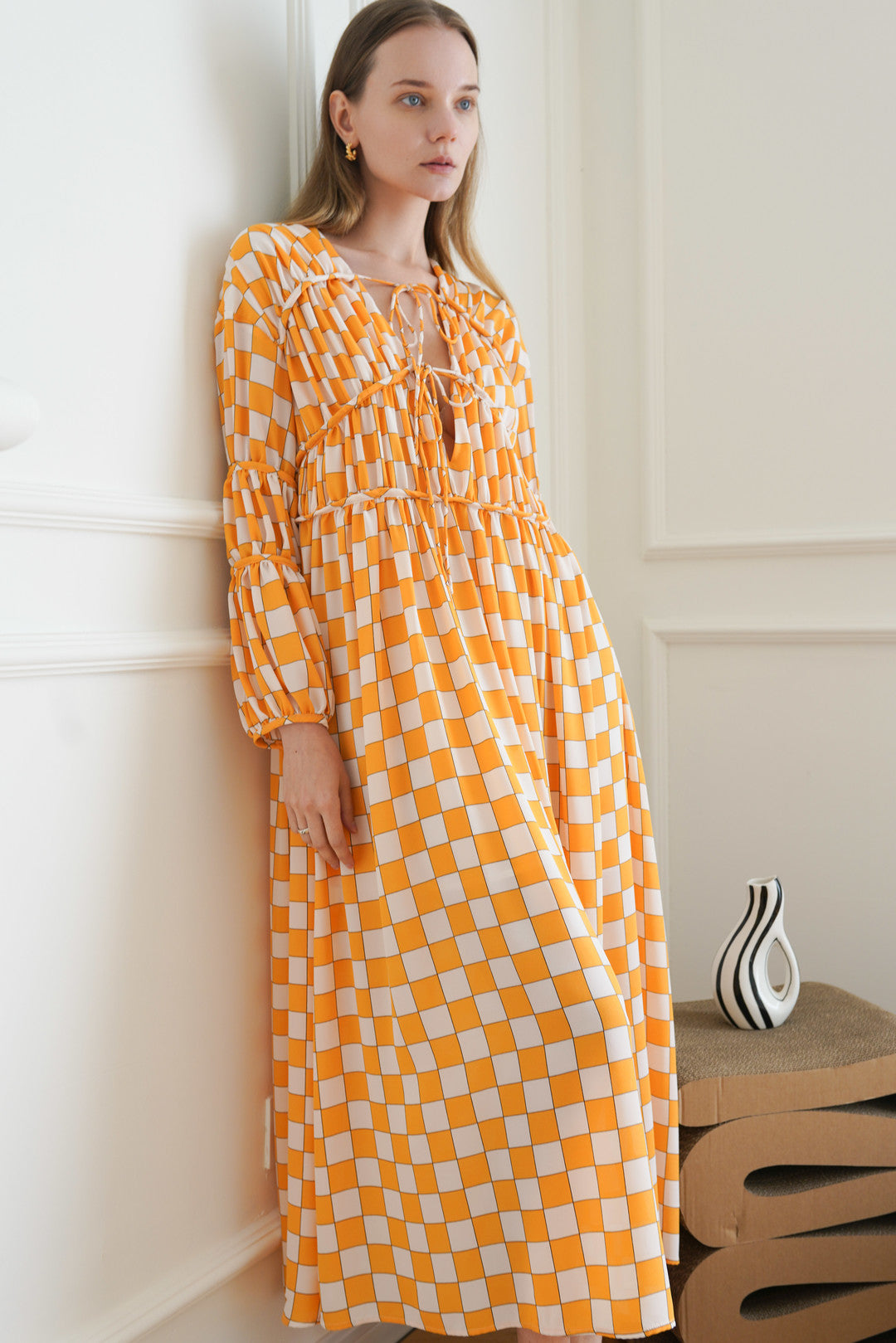 Esme MARIA V-neck Plaid Maxi Dress In Orange