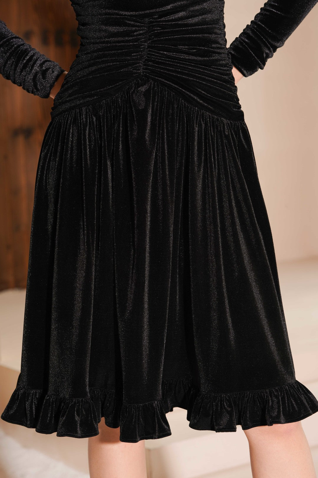 Esme BLACK SWAN Off-shoulder Velvet Ruched Dress