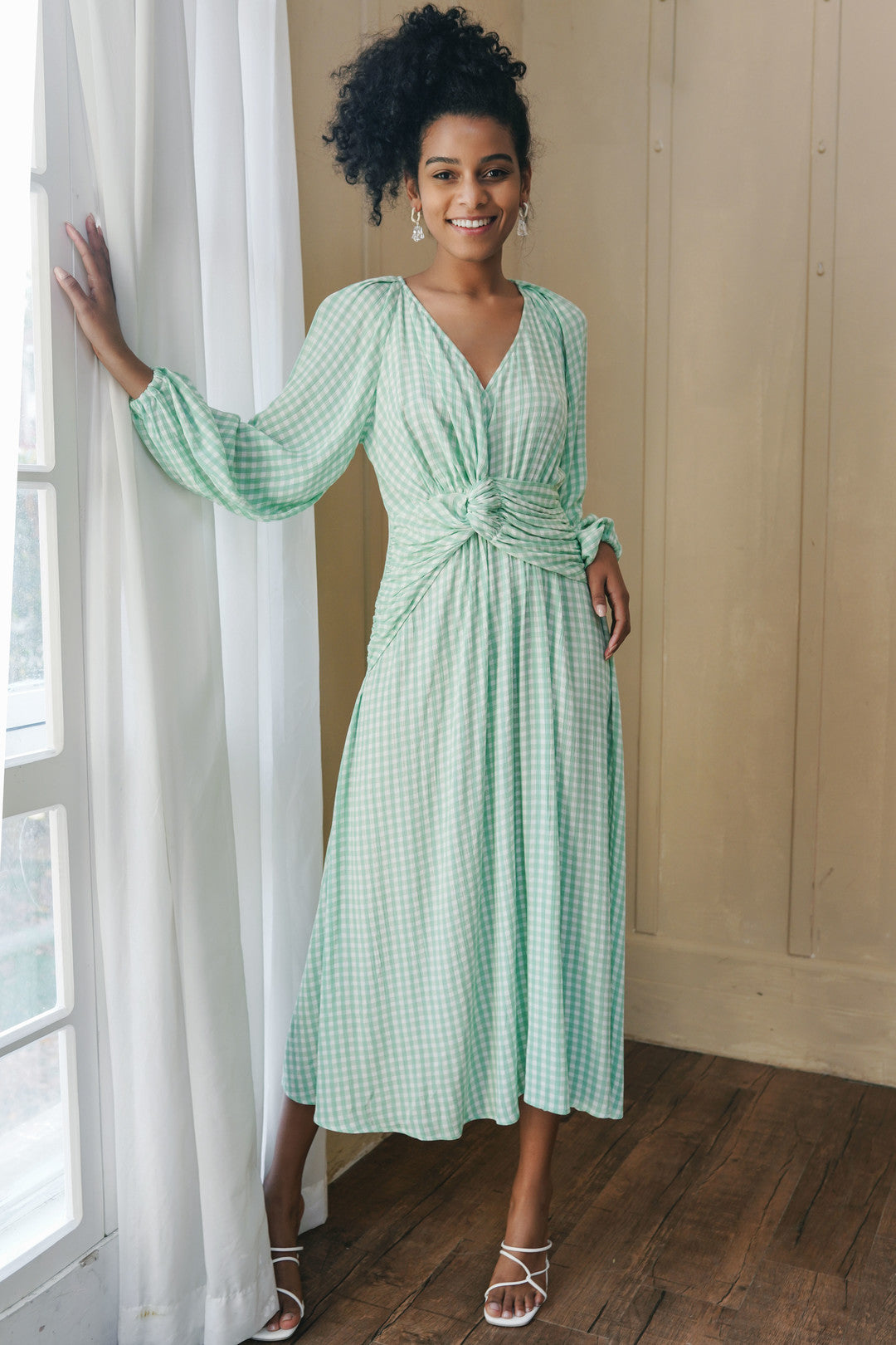 Esme PARIS Mint Plaid Long Sleeves Midi Dress