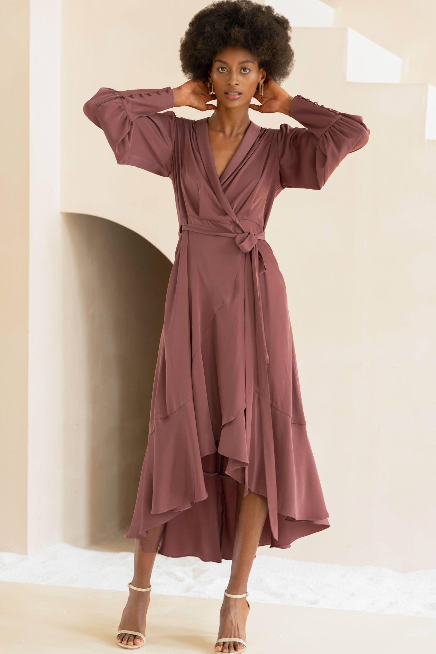 Esme MARIA Maple Wrap Midi Dress With Long Sleeves