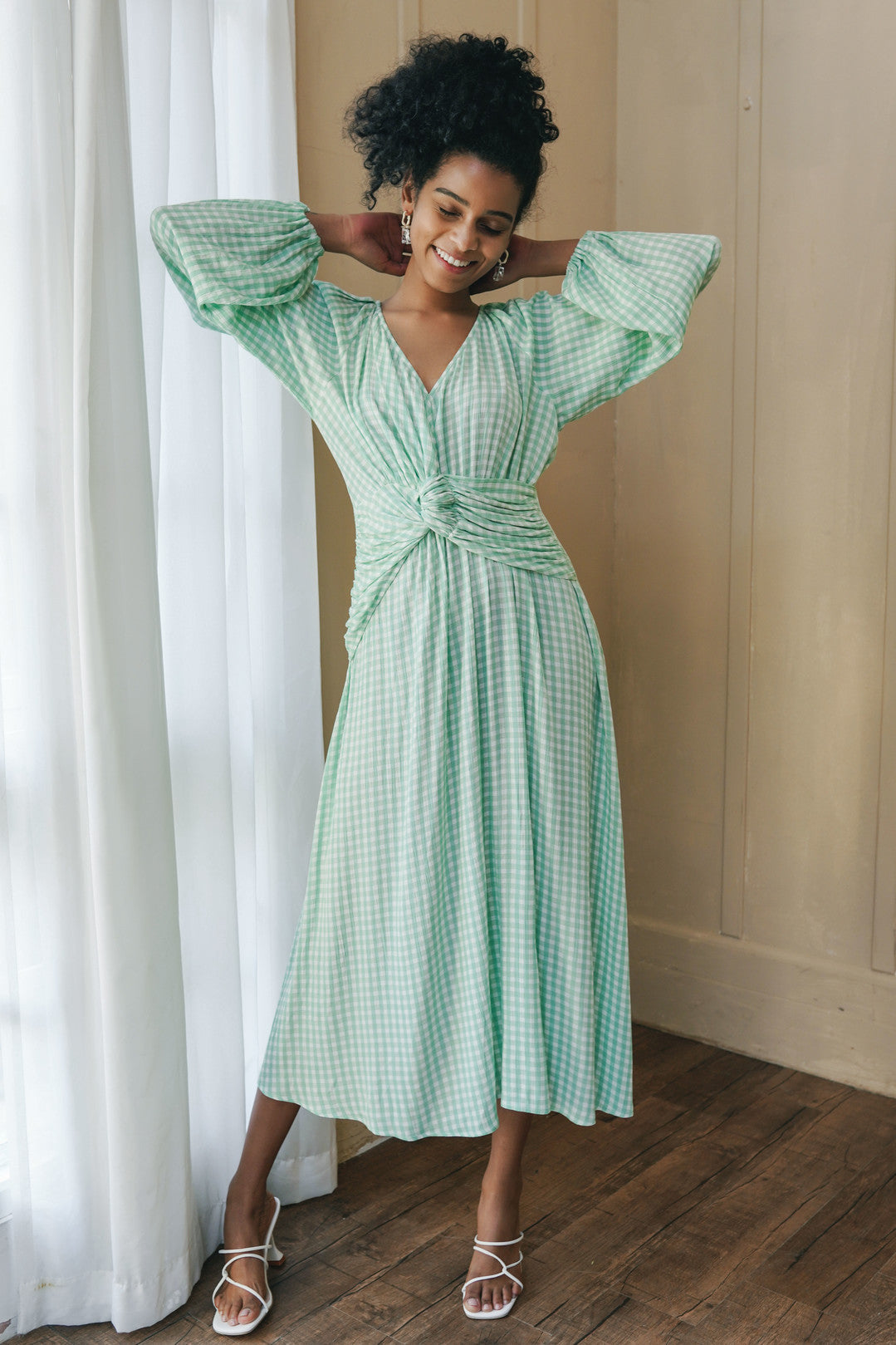 Esme PARIS Mint Plaid Long Sleeves Midi Dress