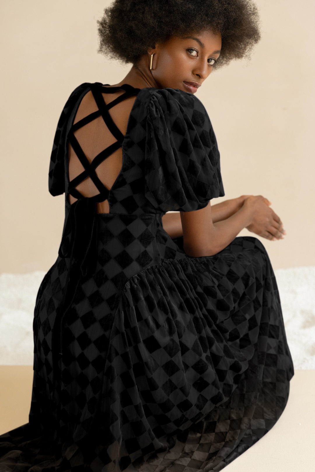 Esme BETH'S CHECKERBOARD Midi Dress With Lacing Back