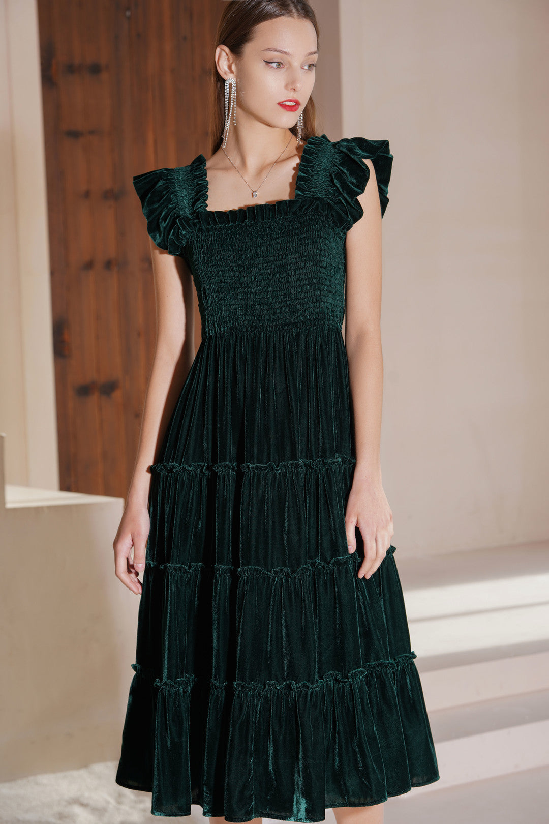 Esme FOREST Ruched Velvet Dress In Emerald Green