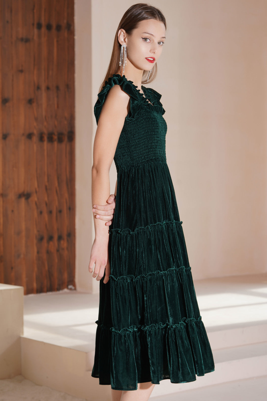 Esme FOREST Ruched Velvet Dress In Emerald Green