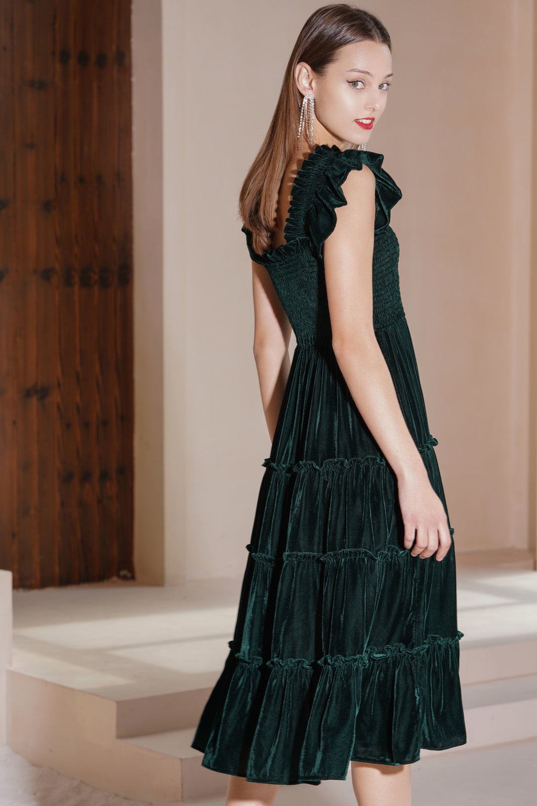 Esme FOREST Ruched Velvet Dress In Emerald Green