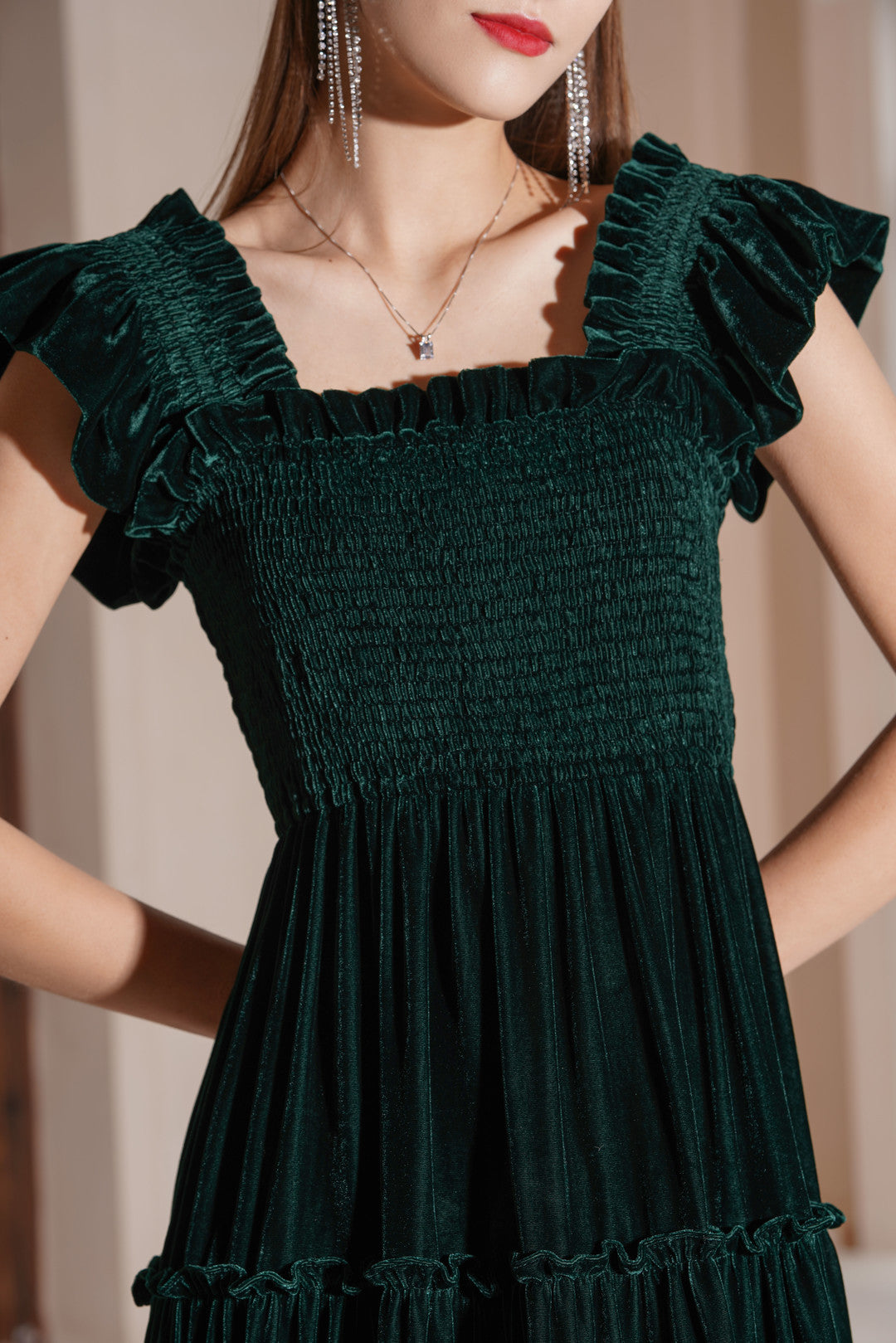 Esme FOREST Ruched Velvet Dress In Emerald Green