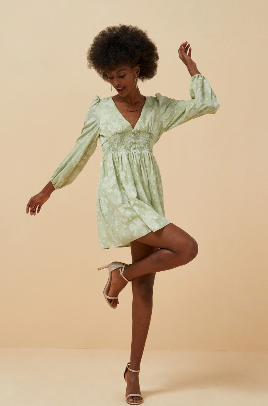 Esme THE SLEEPING FAIRY Olive Floral Long Sleeve Mini Dress