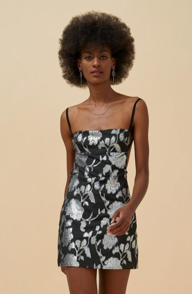 Esme GATSBY Silver Floral Backless Slip Dress In Black