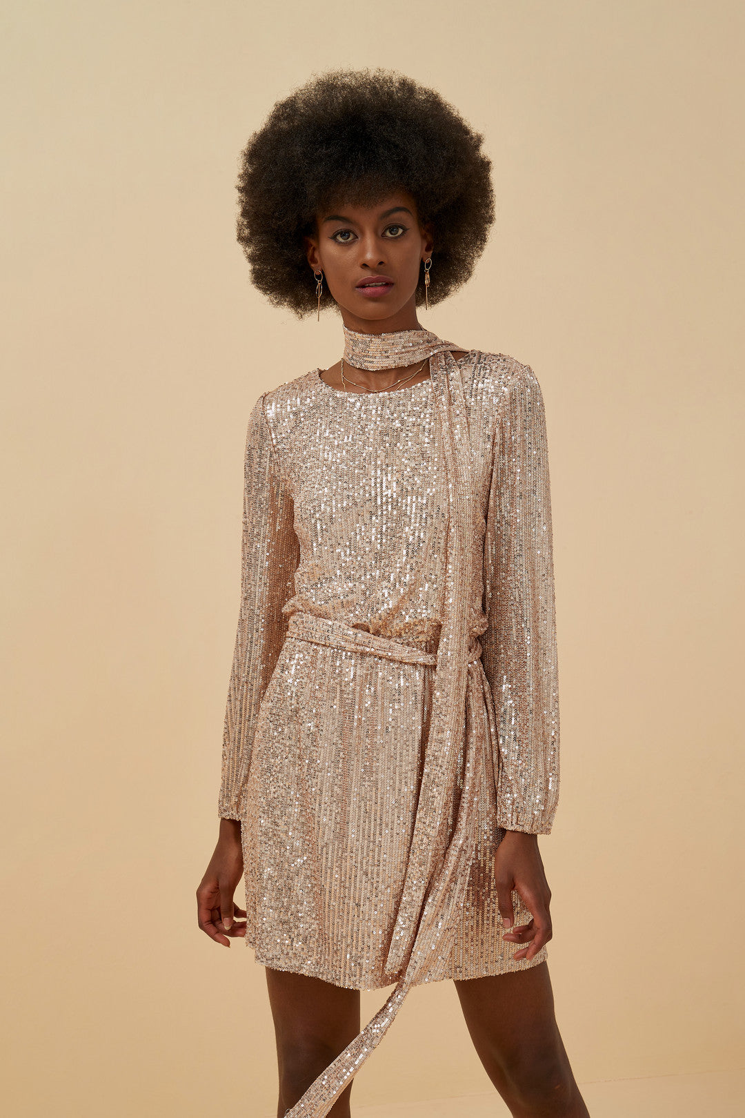 Esme GATSBY Long Sleeve Mini Dress With Belt In Rose Gold